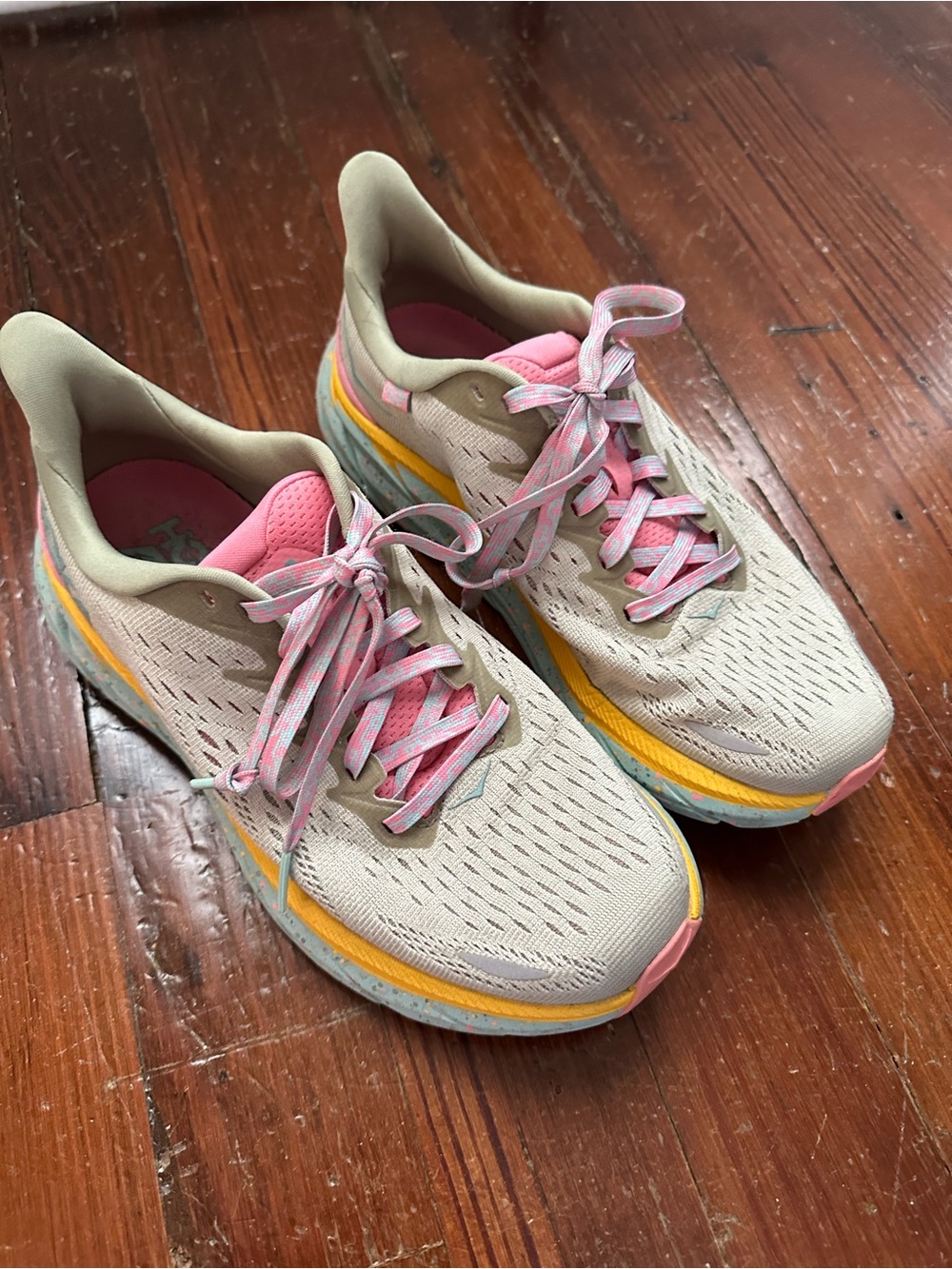 Hoka x FP Movement Clifton Running Shoes with Pink and Yellow Accents